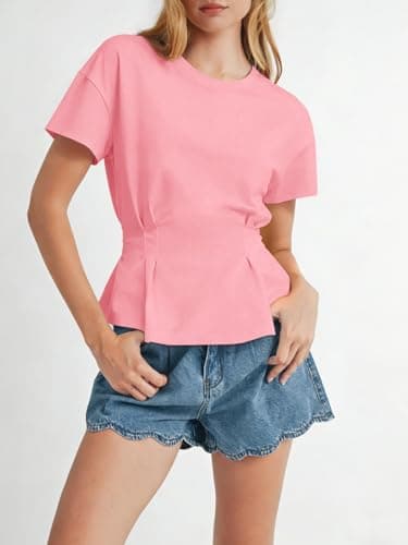 Tankaneo Womens Workout Peplum Tops Babydoll Summer Short Sleeve Pleated T-Shirts Casual Loose Fit Flowy Tshirts Light Pink - Thumbnail 2