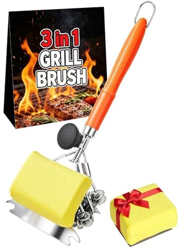 Magnetic 3-in-1 Grill Brush with Power Press Handle & Lock - 18" Detachable BBQ Cleaner for Heavy Duty Grime, Bristle-Safe Sponges, Ideal BBQ Gift for Men/Dad - Orange - Image 1