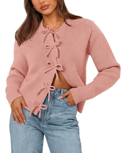 BTFBM Bow Cropped Cardigan Sweaters for Women 2026 Fall Winter Open Front Sweater Long Sleeve Button Fashion Spring Clothes(Pink, Large) - Image 1