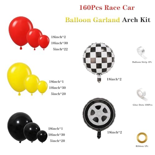 Race Car Balloon Garland Arch Kit, 160Pcs Red Yellow Black Latex Balloons Wheel Checkered Foil Balloons for Racing Car Two Fast 2nd Birthday Party Decorations - Thumbnail 2