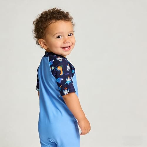 DivingBirds Toddler Boy Rash Guard Swimsuit Short Sleeve,Baby Boy One Piece Swimwear Sun Protection Bathing Suit,Blue Rocket,3-6 Months - Thumbnail 2