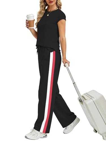 Casly Lamiit 2 Piece Sets for Women Vacation Outfits Crew Neck Travel Lounge Sets Short Sleeve Top Wide Leg Pants Set Black 2XL - Thumbnail 3