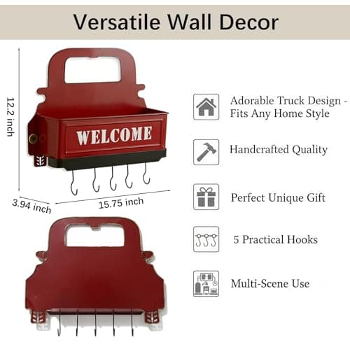 Truck Farmhouse Key Rack & Rustic Metal Wall Planter,Wall Mounted Flower Pot with Hooks, Hanging Plant Holder & Entryway Organizer for Indoor Outdoor Garden, Patio, Balcony, Farmhouse Decor (Red) - Thumbnail 3