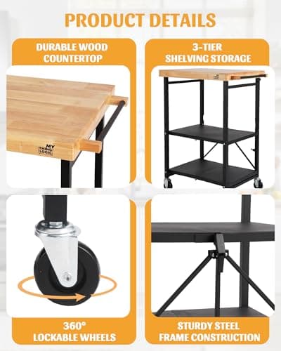 Mythinglogic Foldable Kitchen Storage Cart, 3-Tier Rolling Cart with Solid Oak Top, Heavy-Duty Metal Utility Rack for Microwave, Pots, Dish Set, Meal Prep Area, Kitchen Island on Lockable Wheels - Thumbnail 5