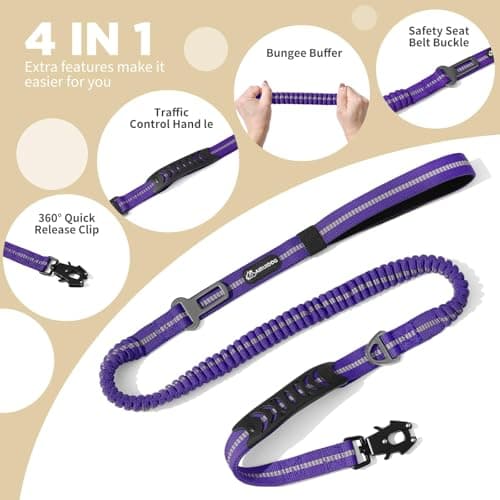 Heavy Duty Bungee Dog Leashes, 4-6FT Shock Absorbing Tactical Dog Leash with 2 Padded Handles, Metal Carabiner Clip,Car Seatbelt, Reflective Dog Leash for Medium Large Dogs (Purple) - Thumbnail 3