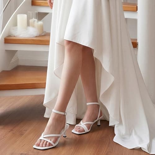 Athlefit Kitten Strappy Heels for Women Square Open Toe Low Heel Sandals Ankle Strap White Sexy Party Wedding Dress Shoes Size 6.5 - Thumbnail 3