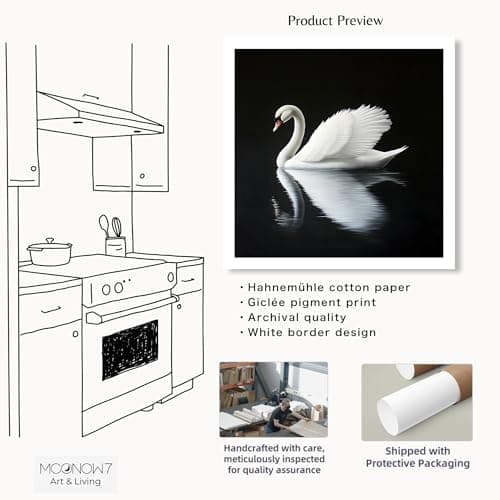 Moonow7 Elegant Wall Art Prints, Black and White Swan Gliding on Water for Wall Decor in Living Room, Bedroom, Entryway Shelf, Dressing Room, or Office, Unframed Size 12x12” / 30x30 cm - Thumbnail 2