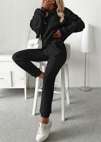 KIRUNDO Sweatsuits Women 2 Piece Outfit Matching Workout Lounge Sets Spring Fall Clothing Tracksuit Airport Travel Outfits(Black,Small) - Thumbnail 2