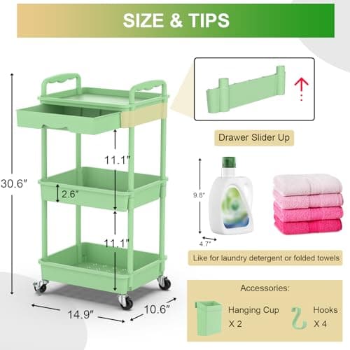 Goovilla 3 Tier Rolling Utility Cart Organizer with Removable Drawer, Stable and Sturdy Green Rolling Storage Carts with 2 Lockable Wheels for Bathroom, Kitchen, Snack, Craft, Makeup, Baby Essentials - Thumbnail 4