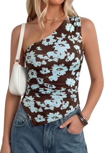 PRETTYGARDEN Going Out Tops for Women Floral Mesh Y2K Shirt 2026 Summer One Shoulder Asymmetrical Spring Vacation Clothes (Brown Blue Floral,Small) - Image 1