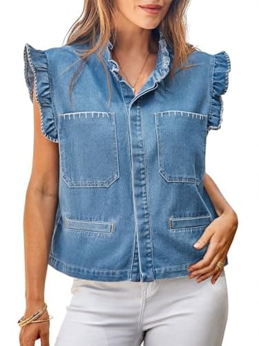 Tankaneo Womens Denim Vest Ruffle Sleeve Summer Causal Cropped Jean Vests Tops Sleeveless Jackets - Image 1