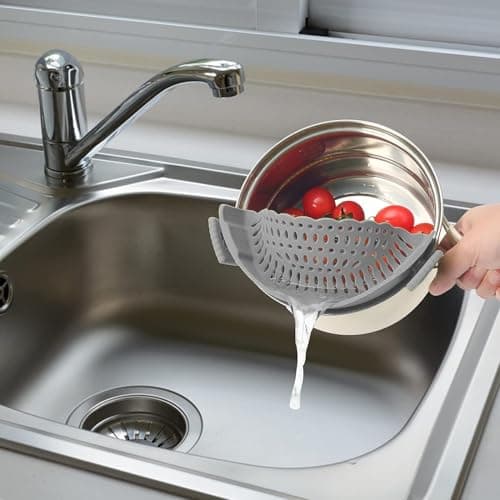 Clip On Strainer Silicone for All Pots and Pans, Pasta Strainer Clip on Food Strainer for Meat Vegetables Fruit Silicone Kitchen Colander (Grey) - Thumbnail 4