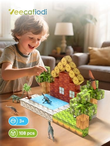 Veecafiodi Magnetic Blocks 108PCS, Dinosaur Magnetic Building Blocks with 6 Dinosaur Figures, Magnetic Blocks for Kids Ages 3-5, 4-8, STEM Construction Toy - Thumbnail 5