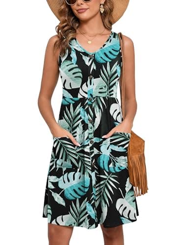 Heymoments Women Summer Dress Rainforest XX-Large Sleeveless V Neck Casual Cute Loose Sundress Comfy Swing Button Down Midi Work Flowy Tunic Ladies Beach Vacation Teacher Dresses with Pockets - Image 1