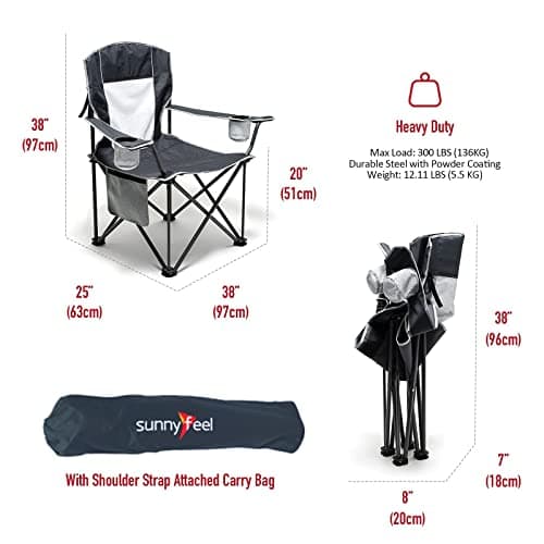 SUNNYFEEL Camping Chairs for Adults, Oversized Camping Chair Heavy Duty 500LBS, Portable Lawn Chair with Cup Holder, Side Pocket&Bag for Outdoor Camping/Beach/Picnic/Fishing, Grey - Thumbnail 2