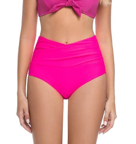 COCOPEAR V-Cross High Waisted Bikini Bottoms Tummy Control Full Coverage Bikini Bottoms for Women Pink 2XL - Image 1