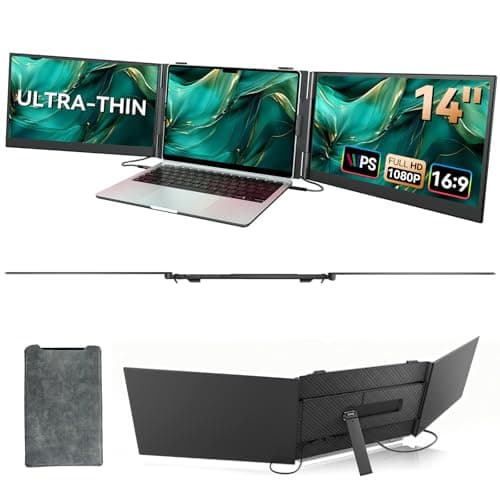 BKVOO 14" Triple Laptop Screen Extender, Ultra-Thin Lightweight FHD 1080P IPS Portable Monitor, Extended Dual Screen for Laptops 13-17.3" Compatible with Wins Mac Chrome Dex Phone Travel Work