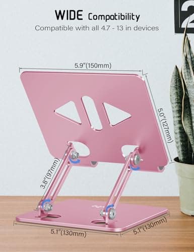 Aoviho Tablet Stand Holder for Desk, Adjustable Aluminum Desk Accessories, Stable Desktop Stand for Office Home,Compatible with iPad Pro Air Mini, Samsung Tablets, Rose Gold - Thumbnail 6
