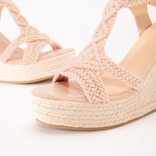 RUSAUISE Peep Toe Wedge Shoes for Women Open-back Braided Espadrille Wedge Platform Sandals Cutout Buckle Strap Casual Summer Shoes Nude Size 9 - Thumbnail 2
