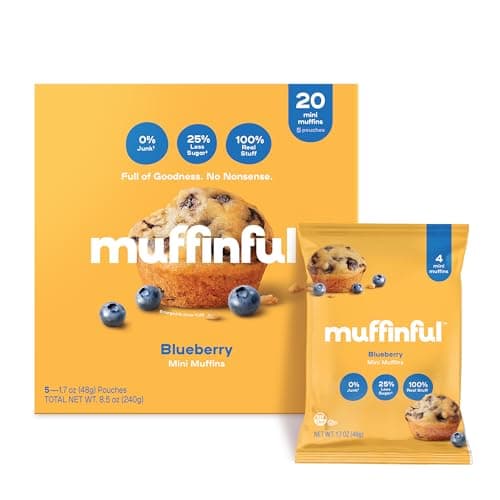 Muffinful Triple Blueberry Mini Muffins – Bakery Fresh Bite-Sized Treats – 60 Muffins Total (15 Packs of 4) – Less Sugar, Nothing Artificial, Individually Wrapped