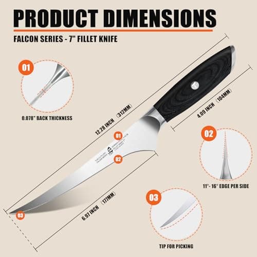 TUO Fillet Knife, 7 Inch Professional Fish Boning Knife for Trimming Meat & Poultry, Flexible Blade, High Carbon German Steel, Riveted Handle - Falcon Series - Thumbnail 3