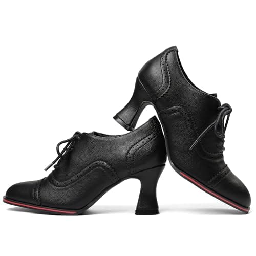 Yremael Women's Black Oxfords Dress Wingtip Vintage Comfortable Chunky High Heel Lace Up Brogues Booties - Thumbnail 4
