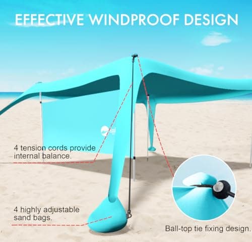 Beach Canopy Tent Shade with Sidewalls 10x10FT, 6.6FT Tall, UPF50+ Sun Shelter, Windproof & Water Resistant, Includes Guylines Sand Shovel Stability Poles, Easy Up for Beach Outdoor Camping Backyard - Thumbnail 6