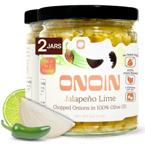 ONOIN Chopped Onions in 100% Olive Oil - Seed Oil Free & Ready-to-Use Flavor Base & Topping | Jalapeno Lime, 9 oz (Pack of 2) In Glass Jar | Fresh Marinated Onions & All Natural Cooking Base for Sauces, Soups, & Recipes