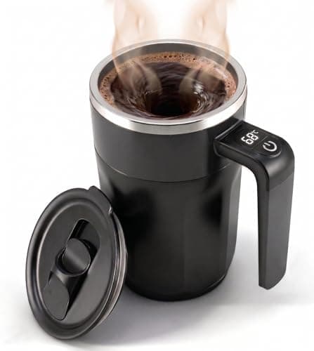 Self Stirring Coffee Mug 13.5 Oz with Lid, 316 Stainless Steel Automatic Magnetic Mixing Cup with a Built-in LCD Thermometer & Handle, Electric Coffee Stirrer, Gift for Men and Women (Matte Black)