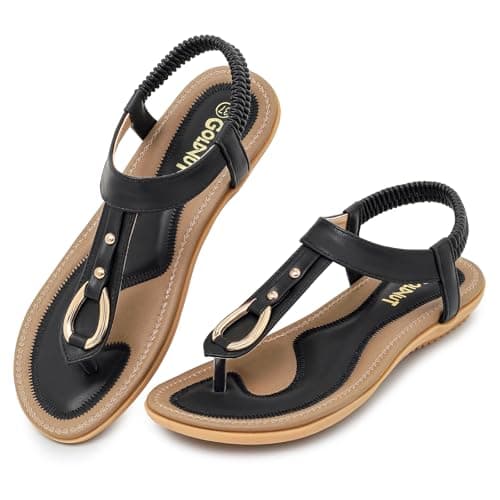 Goldnut Women's Comfortable Flat Sandals Dressy - Summer Black T-Strap Thong Sandals with Elastic Ankle Strap, Casual Walking Shoes for Beach Size 7.5 - Image 1