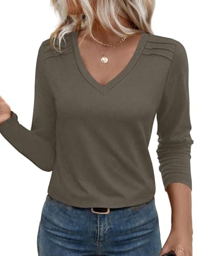 JUSTFASHIONNOW Pleated Long Sleeve Shirts for Women V Neck Dressy Casual Business Blouses Fall Tops 2025 Trendy(Brown,XX-Large) - Image 1
