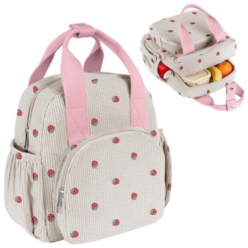 Easozoom Lunch Bag for Girls Kid Women Cute Corduroy Reusable Insulated Lunch Box Large Capacity Cooler for School Work Picnic Travel (Strawberry White)