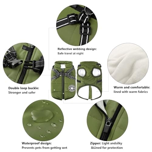 Aiboria Dog Jackets for Winter Windproof Waterproof 2 in 1 Outfit Cold Weather Coat Dog Vest Harness Puppy Winter Warm Jacket Small Green S - Thumbnail 3