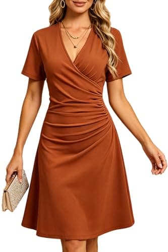 Women's Short Sleeve Wrap V Neck Ruched Midi Caramel Rust Camel Dress Ladies Party Club Holiday Homecoming Date Night Going Out Cocktail Clubbing Wedding Guest Slim Fit Dresses - Image 1
