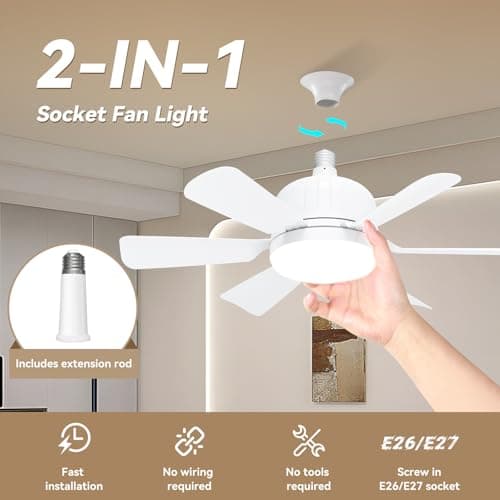 Socket Fan Light with Remote Control - socket ceiling fan 18-in ceiling fans with lights and remote Ideal for Bedroom Kitchen Dining Room and Living Room balcony Garage restaurant shop indoor.(White) - Thumbnail 2
