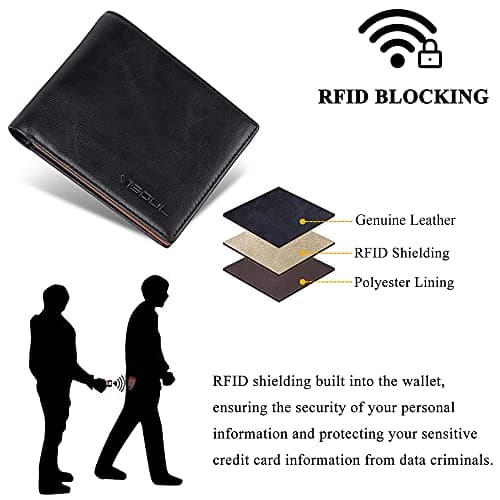 VISOUL Mens Bifold Wallet with 2 ID Windows and 2 Money Compartments, Genuine Leather Designer Wallet with RFID Blocking, Stylish Two-tone Back Wallet for Men (Black and Orange) - Thumbnail 5