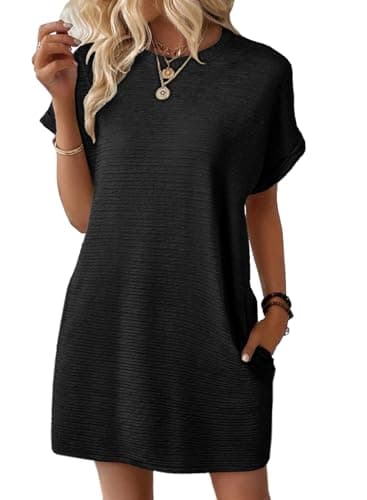 EVALESS Womens Summer Dresses 2026 Fashion Short Sleeve Plus Size Spring Mini Dress Crewneck Solid Casual Beach Vacation Clothes Tshirt Dresses with Pockets Black XX-Large - Image 1