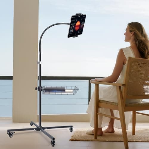 Coslony Premium Rolling Tablet Floor Stand with Heavy Duty Industrial Wheels & Storage Basket, Tall Adjustable iPad Stand Floor on Wheels, Universal Mount Holder for iPad Pro, Air, Mini, Phone - Thumbnail 2