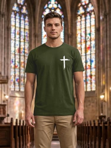 Christian Shirts for Men Faith Cross Print Tshirts Bible Verse Inspirational Graphic Crewneck Short Sleeve Top Green - Thumbnail 4