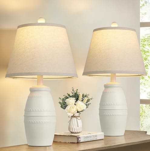 QiMH 21.5" Lamps Set of 2, Farmhouse Lamps for Living Room, Modern Table Lamp for Bedroom, Vintage Rustic Nightstand Lamp with Linen Shade, Retro Bedside Lamp for Office Home, White - Image 1