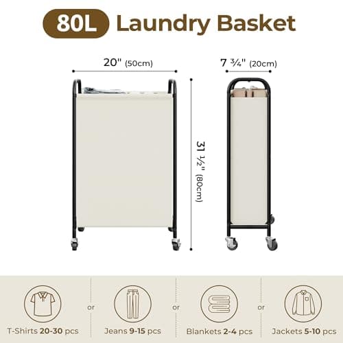 GRANNY SAYS 80L Slim Laundry Hamper with Silent Brake Wheels, Sturdy Metal Frame & Handle, Rolling Laundry Basket for Laundry Room, Bedroom, Bathroom, or RV – Great for Singles or Couples, Beige - Thumbnail 2