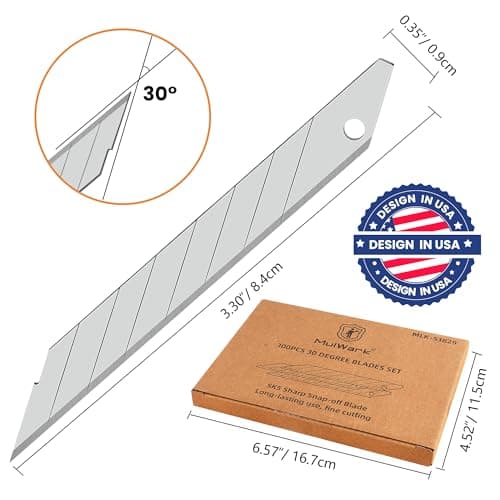 MulWark 100PC 9MM Snap Off 30 Degree Utility Knife Replacement Blades, Multi-Purpose Sharp Precision Box Cutter Blade for Universal Retractable Cutting Knives - Thumbnail 2