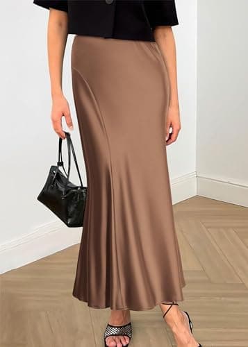 KIRUNDO Women's Satin Maxi Skirt 2026 Summer Fall Trendy High Waisted Wedding Cocktail Party Work Silk A-Line Formal Skirts(X-Large, Coffee) - Thumbnail 4