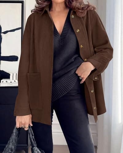 BTFBM Faux Suede Jacket Women Fall Fashion 2026 Leather Jackets Long Sleeve Button Down Winter Coats Shackets Outerwear(Coffee, Medium) - Thumbnail 5