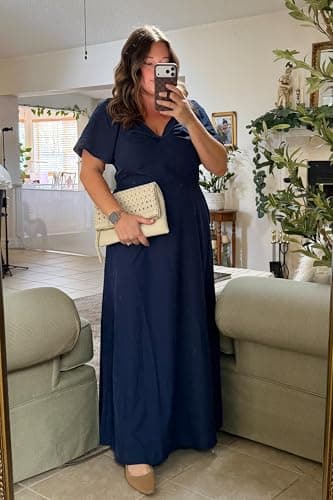 ECOWISH Womens Summer Maxi Dresses: 2026 Casual Flutter Short Sleeve Twist Front Long Flowy Wedding Guest Dress with Pockets 482Navy Blue M - Thumbnail 2