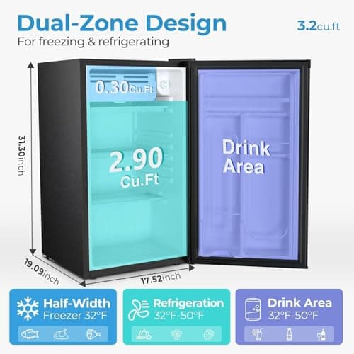 COWSAR 3.2 Cu.Ft Mini Fridge with Freezer, Reversible Door Compact Refrigerator with 7-Speed Thermostat, Small Fridge for Office Dorm, Upright Freezer Style (BLACK) - Thumbnail 4