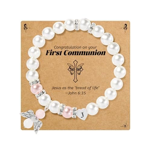BAYLAY First Communion Gifts for Girls - First Communion Bracelet for Girls, Angel Wings Pearl Heart J Initial Bracelets - Image 1