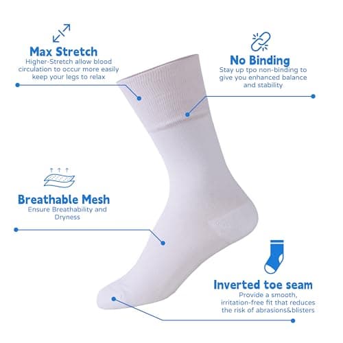 Forcool 6 Pairs Diabetic Crew Socks Men's Women's Dress Cotton Cushioned Seamless Toe Non Binding Extra Wide Diabetes Socks Loose Top for Better Circulation, White X Large - Thumbnail 4