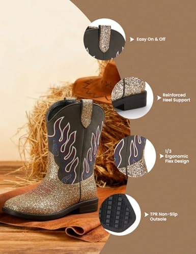 PATPAT Toddler Size 7 Gold Boys Cowboy Boots,Square Toe Mid Calf Embroidered Cowboy Boots Western Riding Shoes - Thumbnail 5