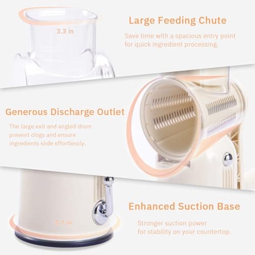 ENERGEVITY Manual Rotary Cheese Grater with Handle, 5 in 1 Replaceable Stainless Blades Cheese Shredder,Strong Suction Base Vegetable Slicer with Cleaning Brush & Bonus Storage Box for Blades (white) - Thumbnail 3